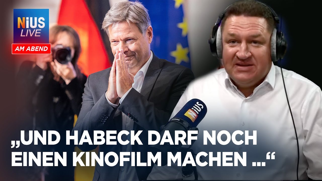 Thumbnail der NIUS-Live-Sendung mit einem Moderator im Studio und politischem Kontext. Der Text ‚Und Habeck darf noch einen Kinofilm machen‘ ist eingeblendet. Das Bild dient als Vorschau für einen Blogbeitrag über den erneuten Auftritt von Marcus Held bei NIUS Radio.