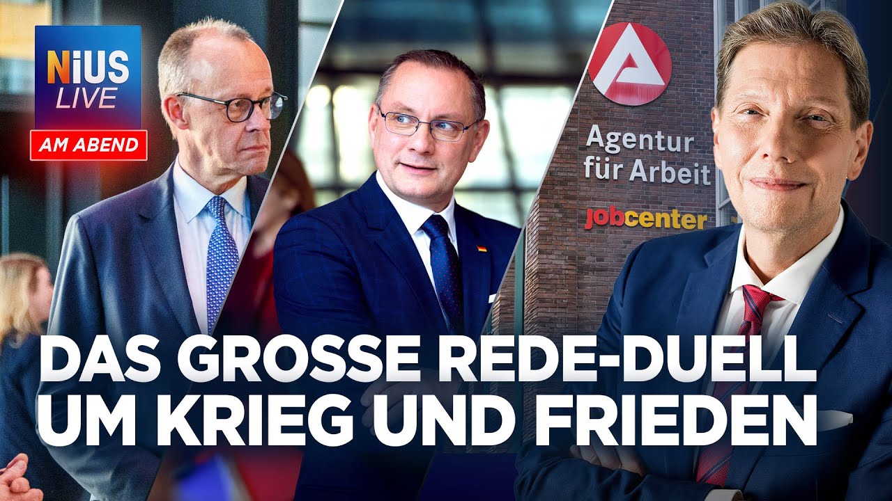 YouTube-Thumbnail von NIUS Live am Abend mit politischem Thema. Zu sehen sind mehrere Personen vor einem Studio-Hintergrund sowie der eingeblendete Text ‚Das große Rede-Duell um Krieg und Frieden‘. Das Bild dient als Vorschau für einen Blogbeitrag zum Thema Grundsicherung und dem Ende des Bürgergelds.